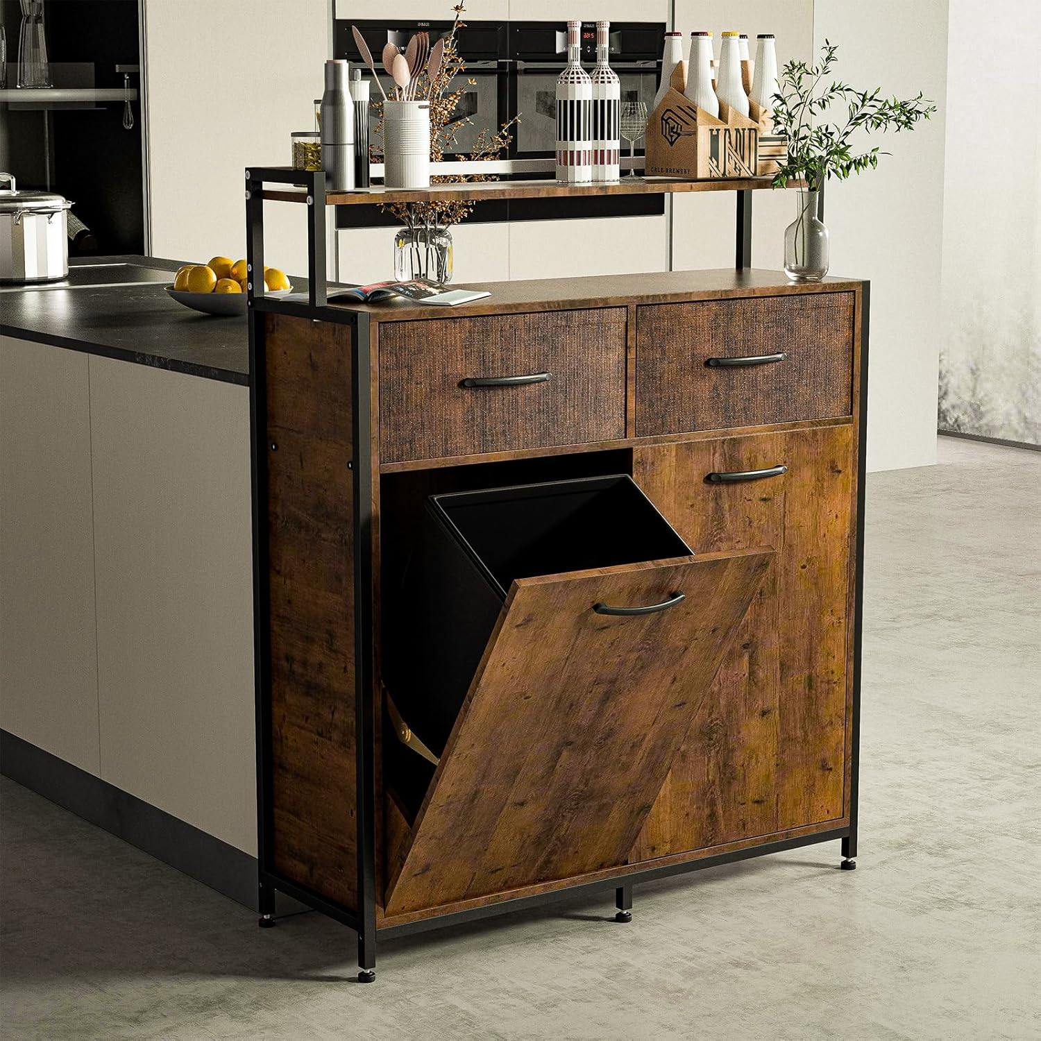 Dual Tilt Out Trash Cabinet, Hidden Trash Bin Cabinet with 2 Drawers and Shelf, Large Kitchen Trash Bin Cabinet MDF board, Laundry Hamper Cabinet Free Standing Holder 10 Gallon