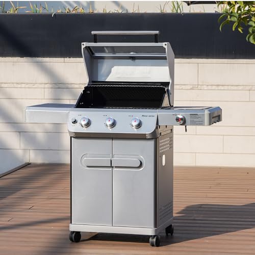 Monument Grills Outdoor Barbecue Stainless Steel 3 Burner Propane Gas Grill, 48,000 BTU Patio Garden Grill with Side Burner and LED Controls, Mesa325, Black