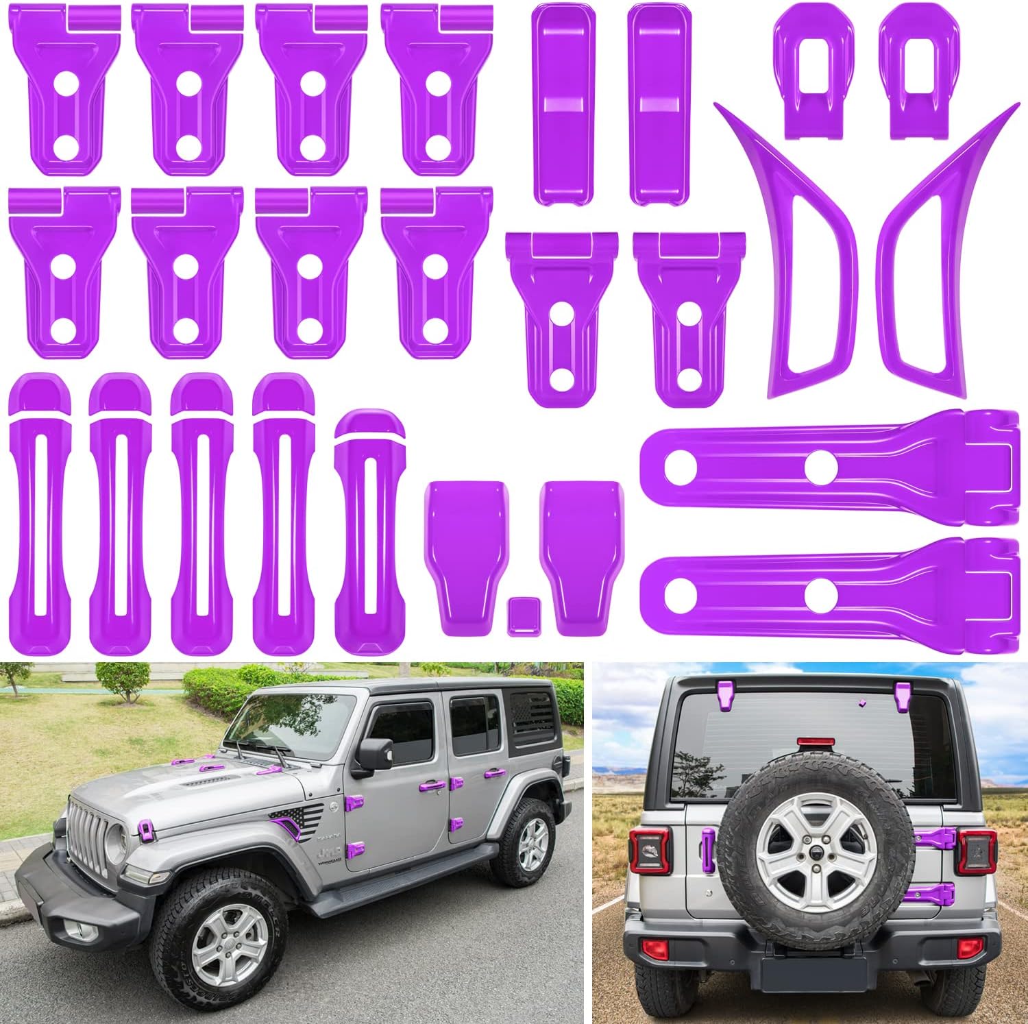 26PCS Full Set Exterior Decoration Trim Kit for Jeep Wrangler JL JLU 2018-2022 Door Hinge Handle Engine Hood Hinge Hood Latch Wheel Eyebrow Side Air Outlet Rear Tailgate Window Hinge Cover (White)