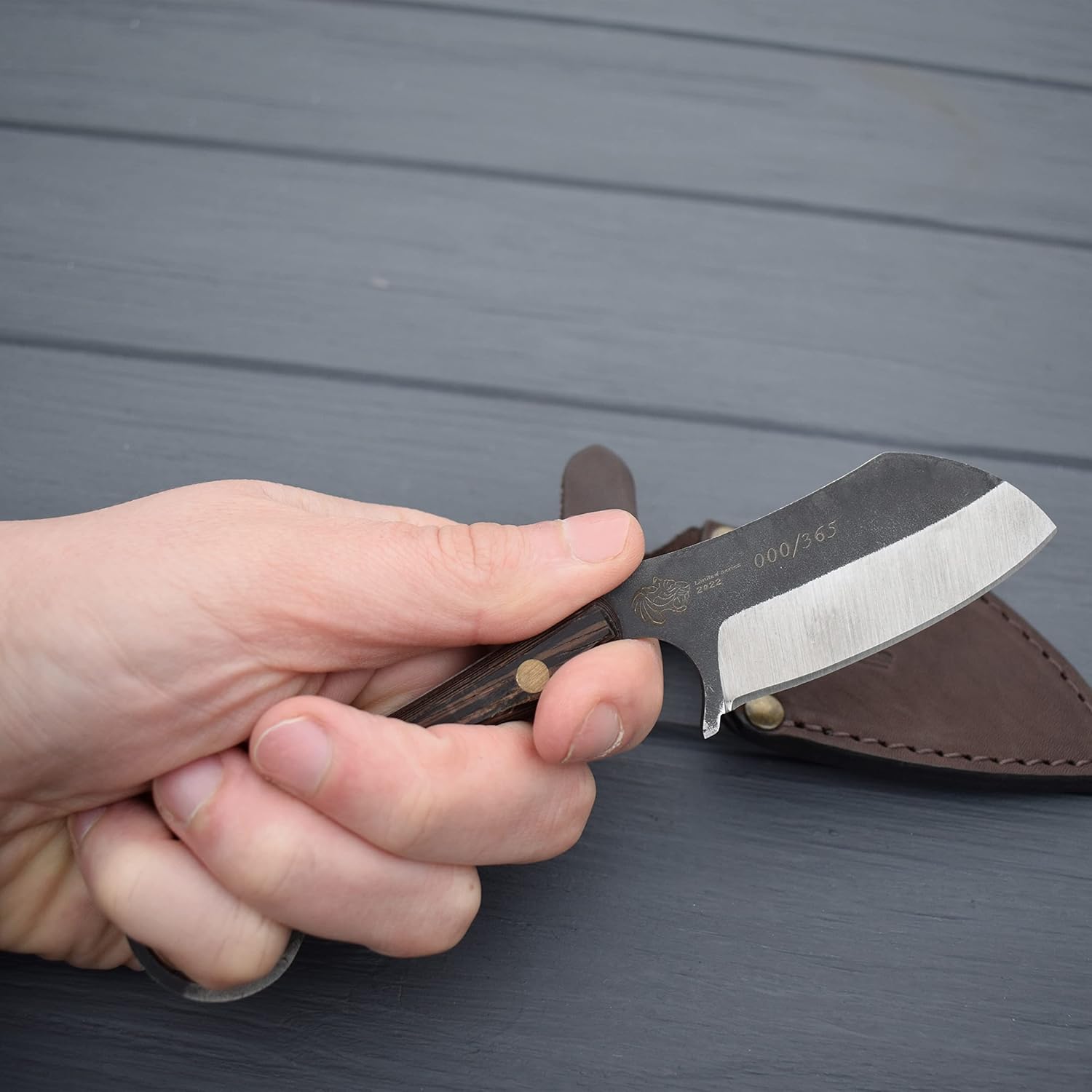 BPS Knives Tiger - Limiter series - only 365 pcs - Fixed blade knife made of Stainless Steel with Wenge Wood Handle and Leather Sheath - Camping EDC Full Tang Knife with Leather Case