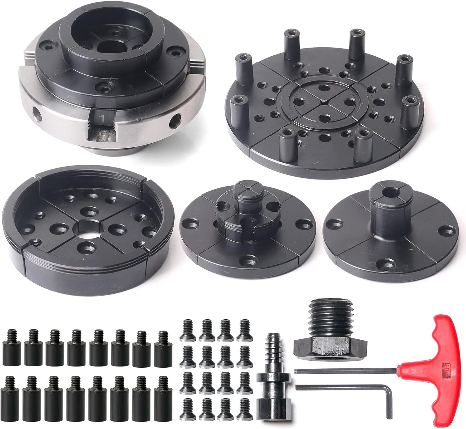 FJL FORCE Lathe Chuck Sets 4 Inch, Wood Lathe Chuck 5 Interchangeable 4-Jaw Wood Turning Lathe Nickel Plated Chuck, 1"x8Tpi Thread & 3/4"x16Tpi Adapter(Chuck Set)