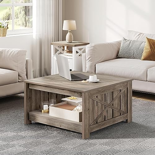 YITAHOME Coffee Table Farmhouse Coffee Table with Storage Rustic Wood Cocktail Table,Square Coffee Table for Living Meeting Room with Half Open Storage Compartment,Brown