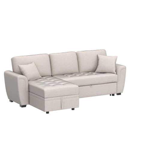 Aoowow Upholstered Sectional Sofa with Reversible Storage Chaise Lounge, Linen Fabric Pull Out Sofa Bed with 2 Throw Pillows, 86 Inch L-Shaped Couch, 3-Seat Sleeper Sofa for Living Room (Beige)