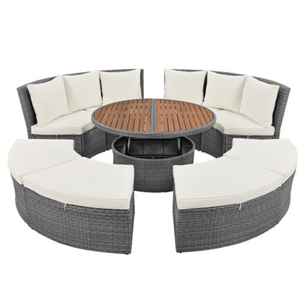 TOPMAX Patio 5-Piece Round Rattan Sectional Sofa Set All-Weather PE Wicker Sunbed Daybed with Round Liftable Table and Washable Cushions for Outdoor Backyard Poolside Beige + Rattan + Foam