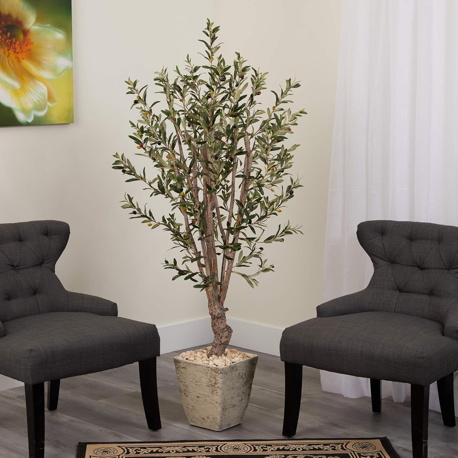 Nearly Natural 5ft. Olive Artificial Tree in Country White Planter