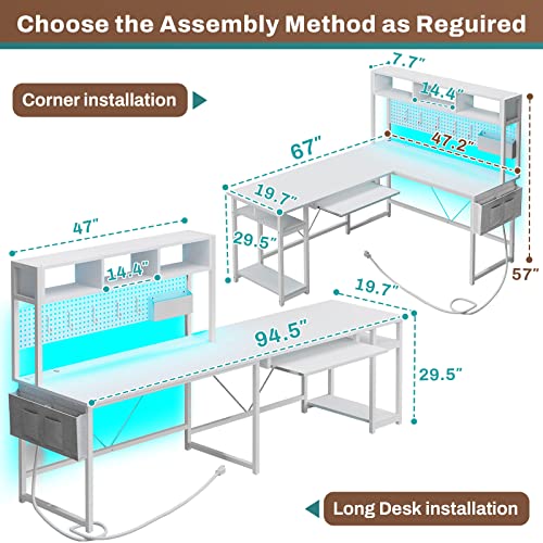 SEDETA L Shaped Gaming Desk, Reversible Computer Desk with Power Outlet and Pegboard, Gaming Desk with Led Lights, Keyboard Tray and Storage Bag for Home Office, Black