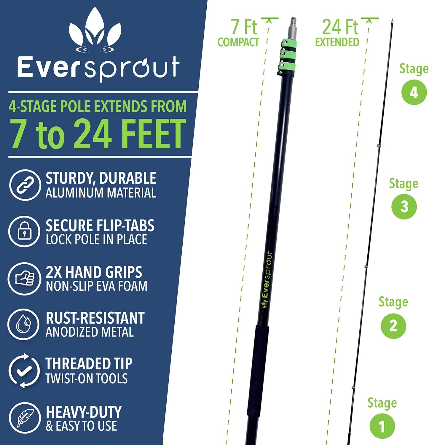 EVERSPROUT 7-to-20 Foot Extension Pole Total Kit (25+ Ft Reach) | Telescopic Pole, Scrub Brush, Light Bulb Changer, Hook, Swivel Squeegee, 3x Microfiber Dusters (Cobweb, Flexible Ceiling Fan, Feather)