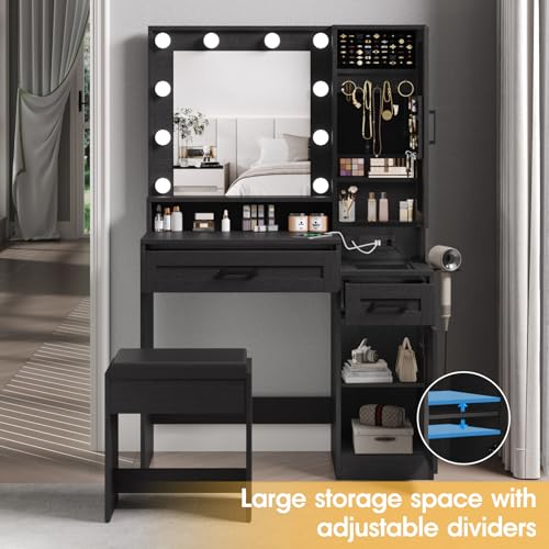Fameill Vanity Desk with Mirror and Lights,Small Make up Vanity with Chair and Outlet,Makeup Table with Jewelry Cabinet, Bedroom Vanity with 2 Drawers, 3 Lighting Colors,36.4 inch,White