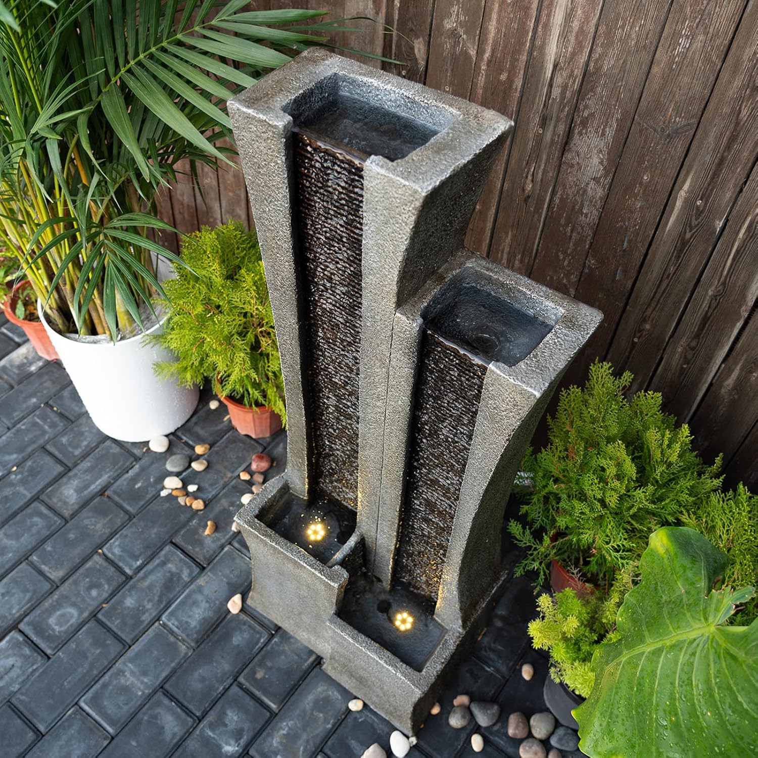 Modern Outdoor Water Fountain Indoor Cascading Floor-Standing Fountains with Led Lights 2-Curved Column Garden Waterfall for Backyard Patio Porch Deck Home 39.76” H