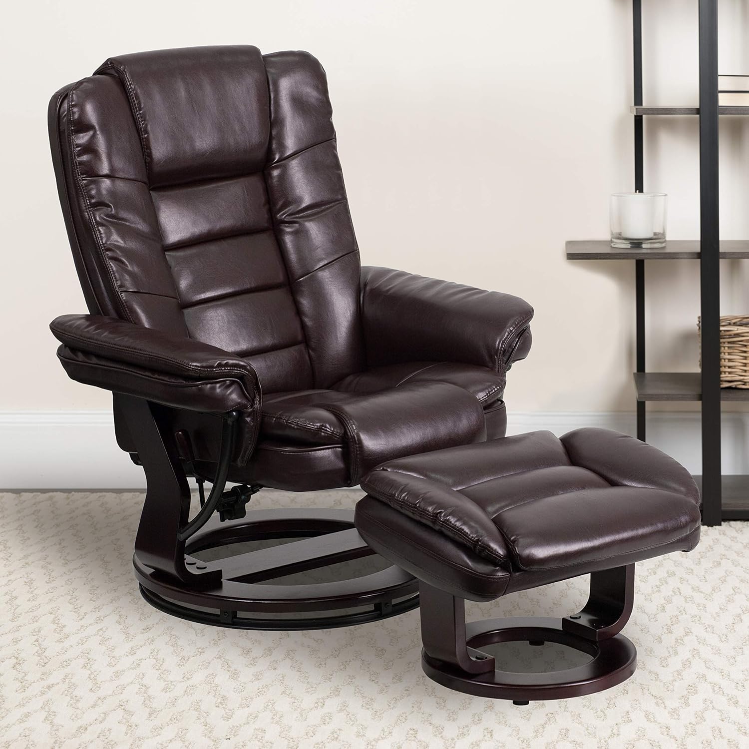 Flash Furniture Contemporary Multi-Position Recliner with Horizontal Stitching and Ottoman with Swivel Mahogany Wood Base in Black LeatherSoft