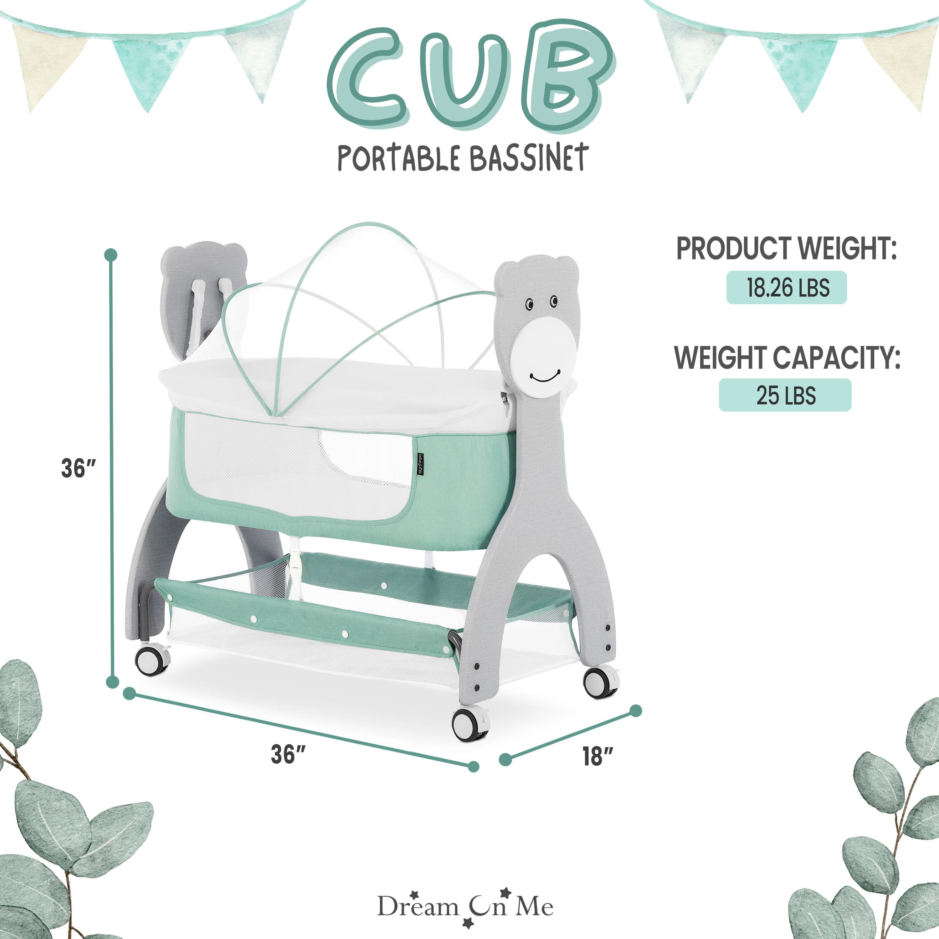 Dream on Me Cub Portable Bassinet in Mint, Multi-Use Baby Bassinet with Locking Wheels