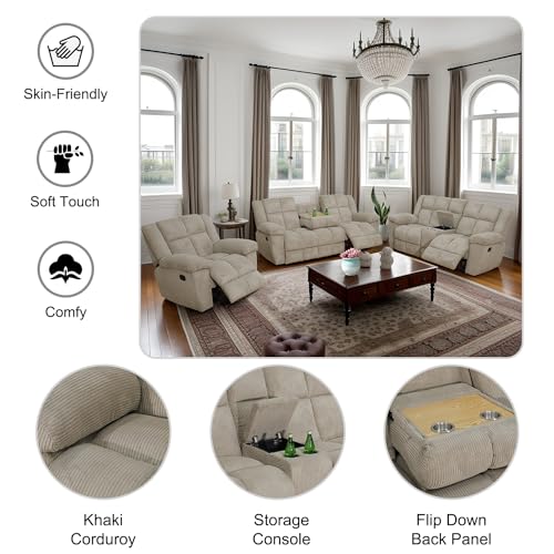 Manual Reclining Sofa Set for Living Room, Corduroy Recliner Couch Set, 3 Pieces Recliner Sofa Set for Living Room/Apartment/Office (Khaki, Sofa+LOVESEAT)