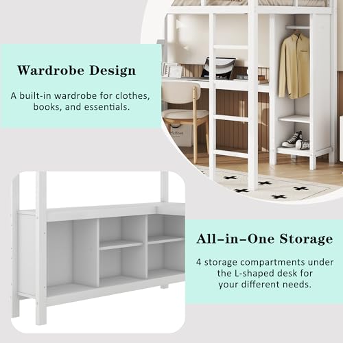 Linique Metal Loft Bed with Wardrobe & L-Shaped Desk - Sturdy Space-Saving Loft Bed Includes Storage Cubes, Shelves for Kids, Teens, Adults (White, Queen)