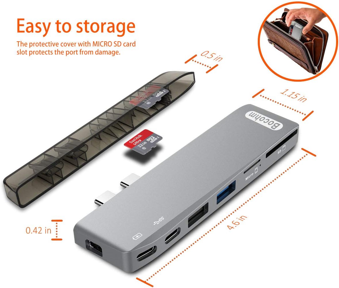 USB C Hub for MacBook Pro 2016/2017/2018, Bocohm Type C Thunderbolt 3 Adapter with 100W Power Delivery, 5K HD Mini DisplayPort, USB3.0, SD/MicroSD Card Reader, NGFF M.2 SATA III SSD 8 in 1