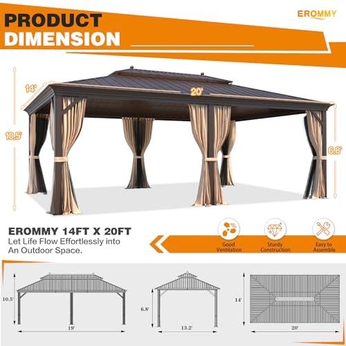 EROMMY 14'x20' Hardtop Gazebo Double Roof Galvanized Steel Canopy Outdoor Aluminum Frame Permanent Metal Pavilion with Netting and Curtains for Patio Backyard Deck and Lawns