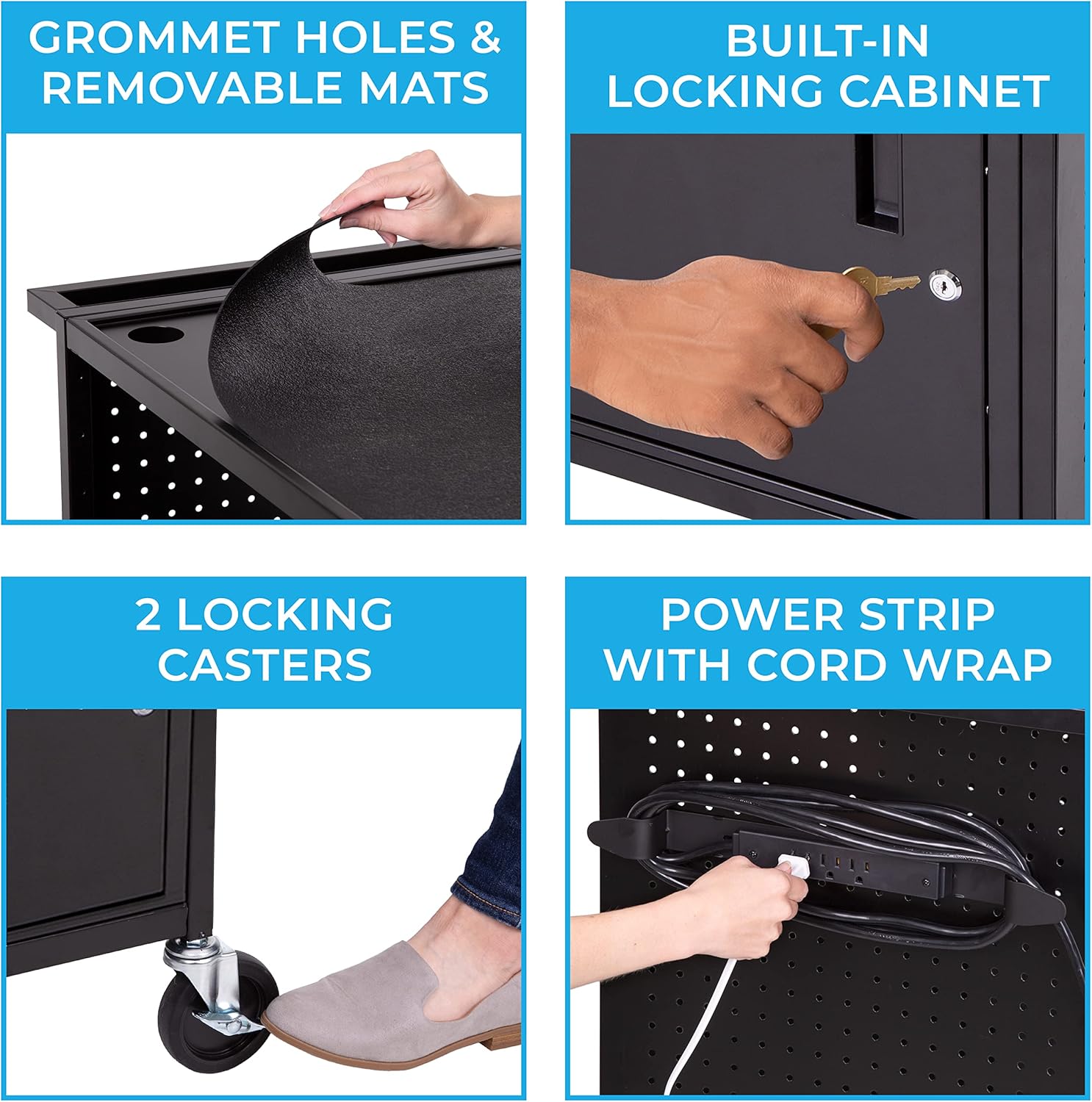 Line Leader Stellar AV Cart | Computer Cart with Pegboard Siding & 12 Hooks for Customizable Storage | Locking Cabinet & Pullout Keyboard Tray | UL Safety Certified Power Outlets | Locking Wheels