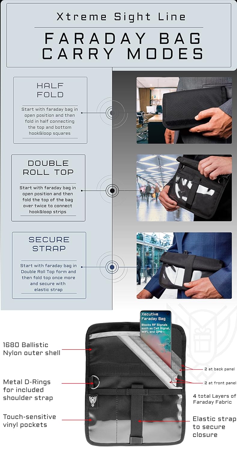 Xtreme Sight Line ~ Xecutive Faraday Bag for Phones and Other Small Electronics ~ Data Security for Executive Travel ~ Shoulder Strap Included ~ Tracking/Hacking Defense
