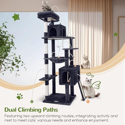 Globlazer Heavy Duty Cat Tree, 70 inch Sturdy Cat Tree for Indoor Cats Extra Large Cat Tower with Scratching Post, Hammock, Cat Condo for Adult Cats Kittens, F70 Pro, Light Grey
