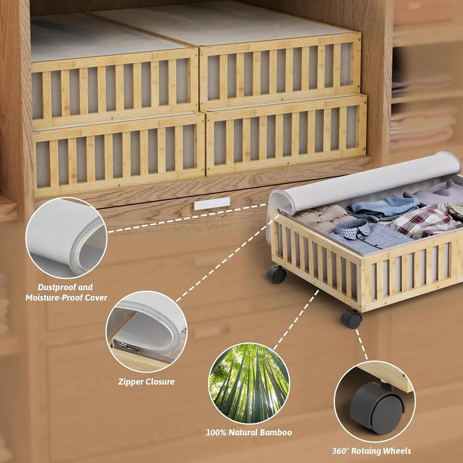 Under Bed Storage Containers with Wheels, 2 Pack Under the Bed Shoe Storage Bins, Large Wood Rolling Underbed Drawers Organizer for Bedroom Sheet Clothes Comforter, Under Crib Toy Storage White