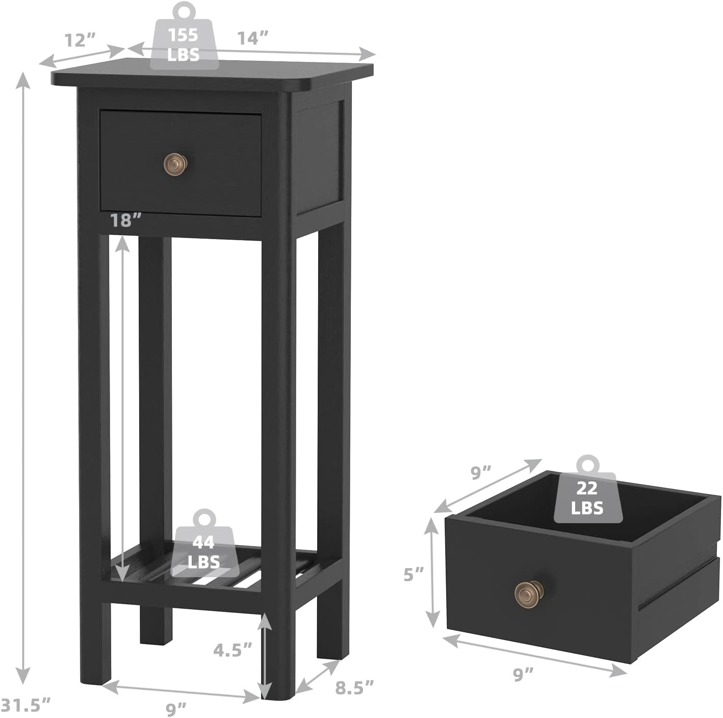 GORELAX Narrow End Table, Tall Nightstands Set of 2 with Drawer & Shelf, Slim Bedside Tables w/Anti-Tipping Device, No Assembly, Wooden Small Side Table for Small Space, Living Room, Bedroom, Black