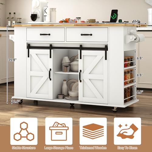 59" Kitchen Island W/Power Outlet&Drop Leaf,Kitchen Rolling Island W/Spice Rack&Towel Rack&Drawers,Kitchen Island Cart W/Sliding Barn Door,Mobile Island Table W/Adjustable Shelves for Dining Room