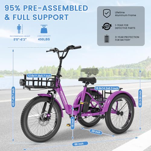 MOONCOOL Electric Trike, Electric Tricycle for Adults, 20" Folding 3 Wheels Electric Bicycle Bikes, 48V 500W/750W Motorized Electric Ebike with Aluminum Frame, Removable Battery and Basket