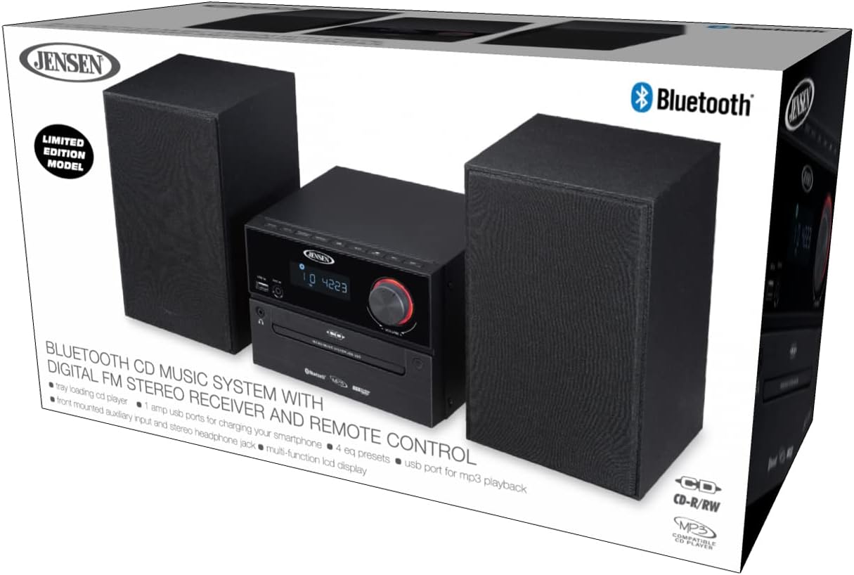 Jensen Professional JBS-500 Modern Bluetooth Wireless Stereo Music System Home CD Player, MP3 USB, Audio in, Headphone Jack, FM Radio, 30W - (Jet Black)