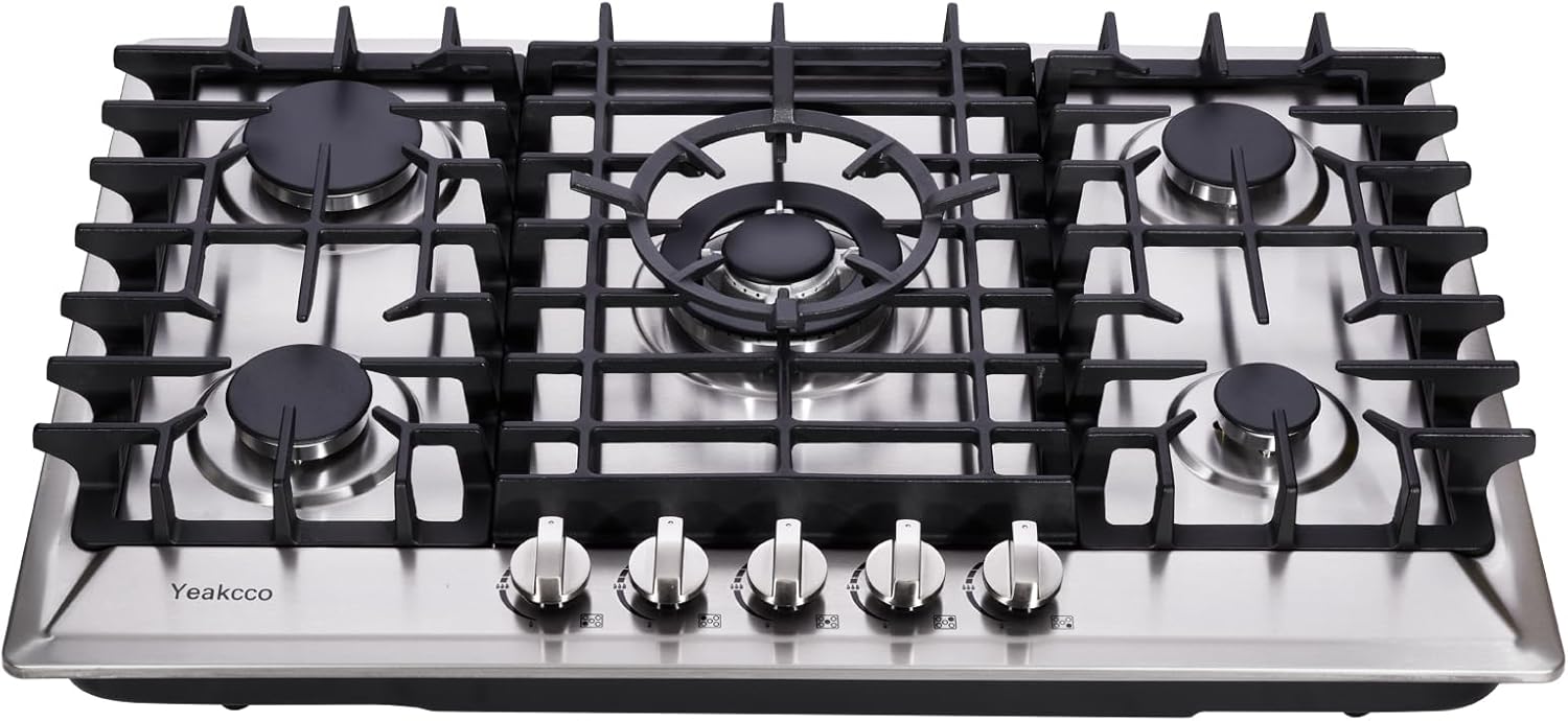 30 Inch Gas Cooktop, Built-in 5 Burners Stainless Steel Gas Stovetop Propane/Natural Gas Convertible Stove Top Dual Fuel Gas Hob
