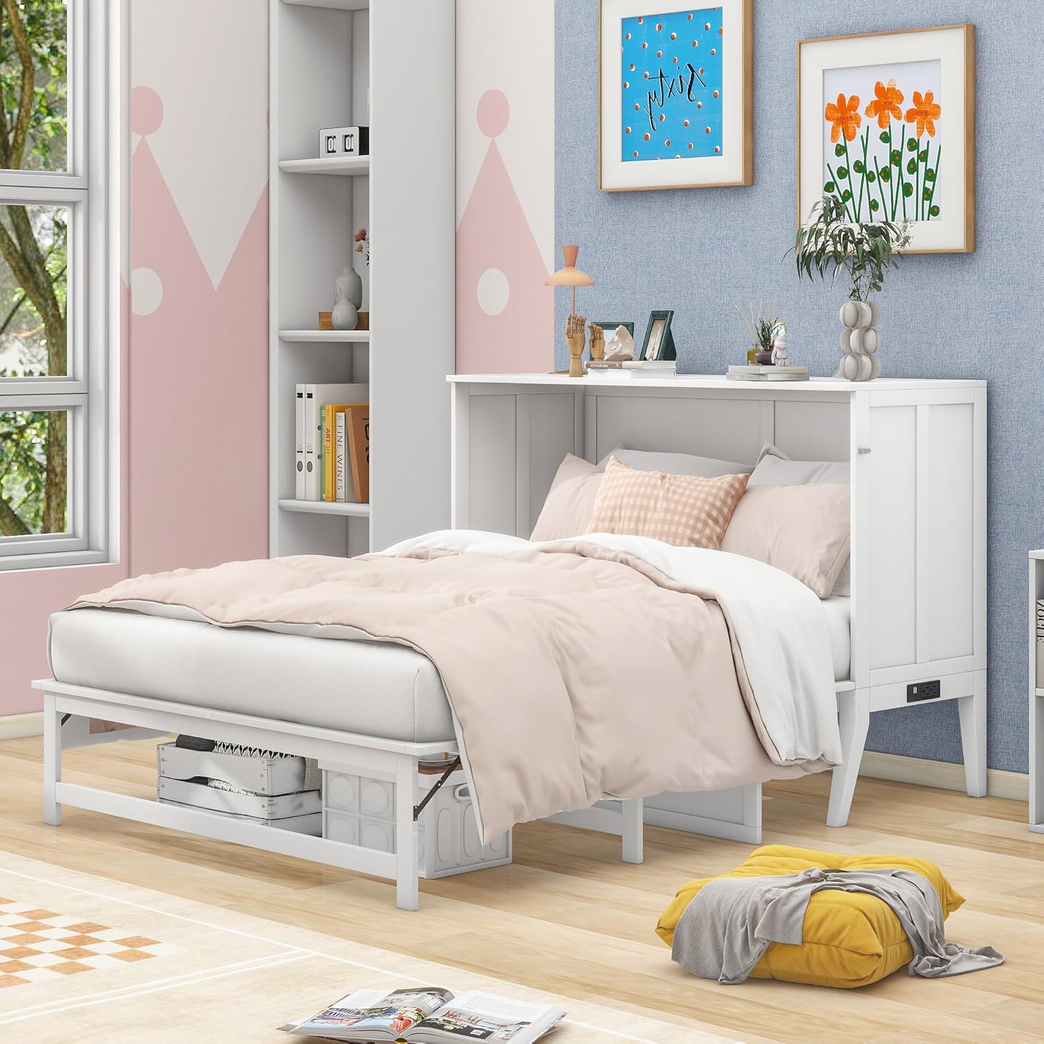 Queen Murphy Bed Chest with Charging Station, Wood Murphy Cube Cabinet Bed with a Shelf/Desk for Guest Room or Home Office, White