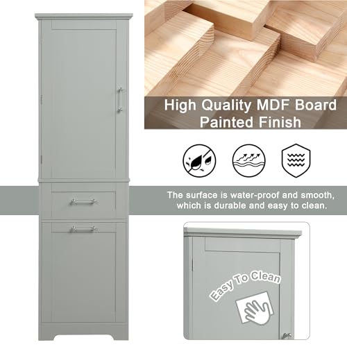 Tall Bathroom Storage Cabinet, Narrow Storage Cabinet, Freestanding Linen Cabinet with Two Different Size Drawers and Adjustable Shelf, Tall Cabinet Storage for Bathroom，Living Room (White)