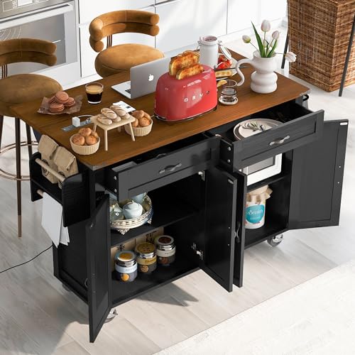 54.5" Farmhouse Kitchen Island with Drop Leaf,Storage Cabinet Island on Wheel,Rolling Home Cart Breakfast Bar Table with Power Outlet, 3 Drawer, Spice Rack