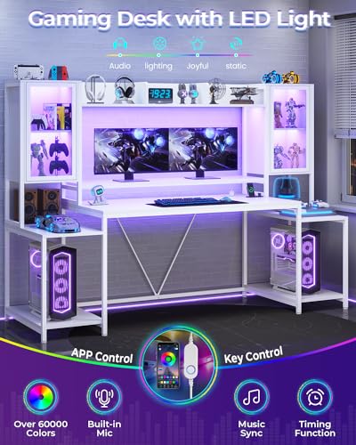 SEDETA Gaming Desk 74.8'' with LED Lights, Hutch and Storage Shelves, Computer Desk with Monitor Stand, Large PC Gamer Desk Workstation, Ergonomic Gaming Table for Bedroom, Living Room, Black