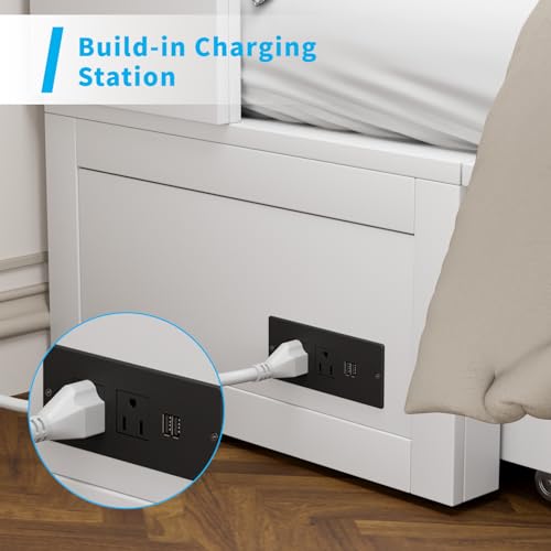 Mjkone Murphy Bed Cabinet with Tri-Folding Mattress, USB Charging Station & Storage Drawers, Multi-Purpose Guest Room Wall Bed, Space-Saving Murphy Cabinet Bed - Grey