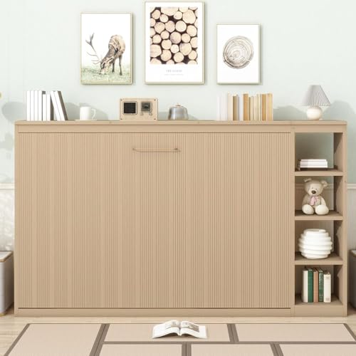 Full Murphy Bed with Storage Shelves,Wood Murphy Bed Cabinet with Storage Bookcase,Fold Up Bed Modern Murphy Wall Bed Full Size (White,Full)