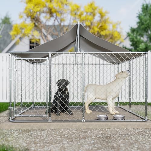 Outside Dog Kennel Pen with Roof, Outdoor Dogs Enclosure Large Galvanized Steel Chain Link Fence Pet House Cage Weather Resistant Heavy Duty for Backyard, 90 x 90 x 65 Inch
