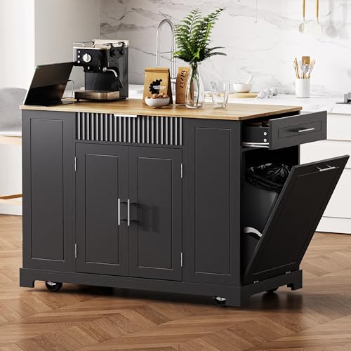 60" Kitchen Island with Drop Leaf and Power Outlet, Rolling Kitchen Cart on Wheels with Trash Can Storage Cabinet, Spice Rack, Towel Rack and Adjustable Shelf for Dining Room