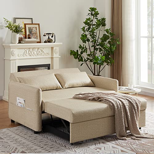 Aoowow Convertible Sleeper Sofa Bed 57 Inches, Velvet 2 Seats Sofa with Pull Out Bed,Loveseat Sofa Couch with Adjustable Backrest, 2 Pillows Side Pocket for Living Room Small Apartment (Light Brown)
