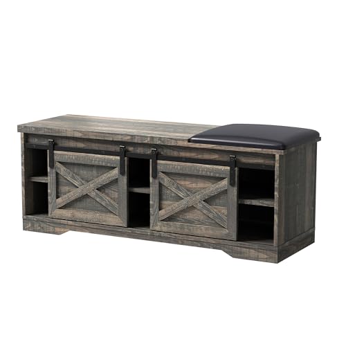 47" Shoe Bench Entryway with Storage,Farmhouse Shoe Bench with Sliding X Barn Door, Entryway Bench with Storage Space and Padded Cushion,2-Tier Shoe Bench for Entryway,Living Room(Antique Gray)
