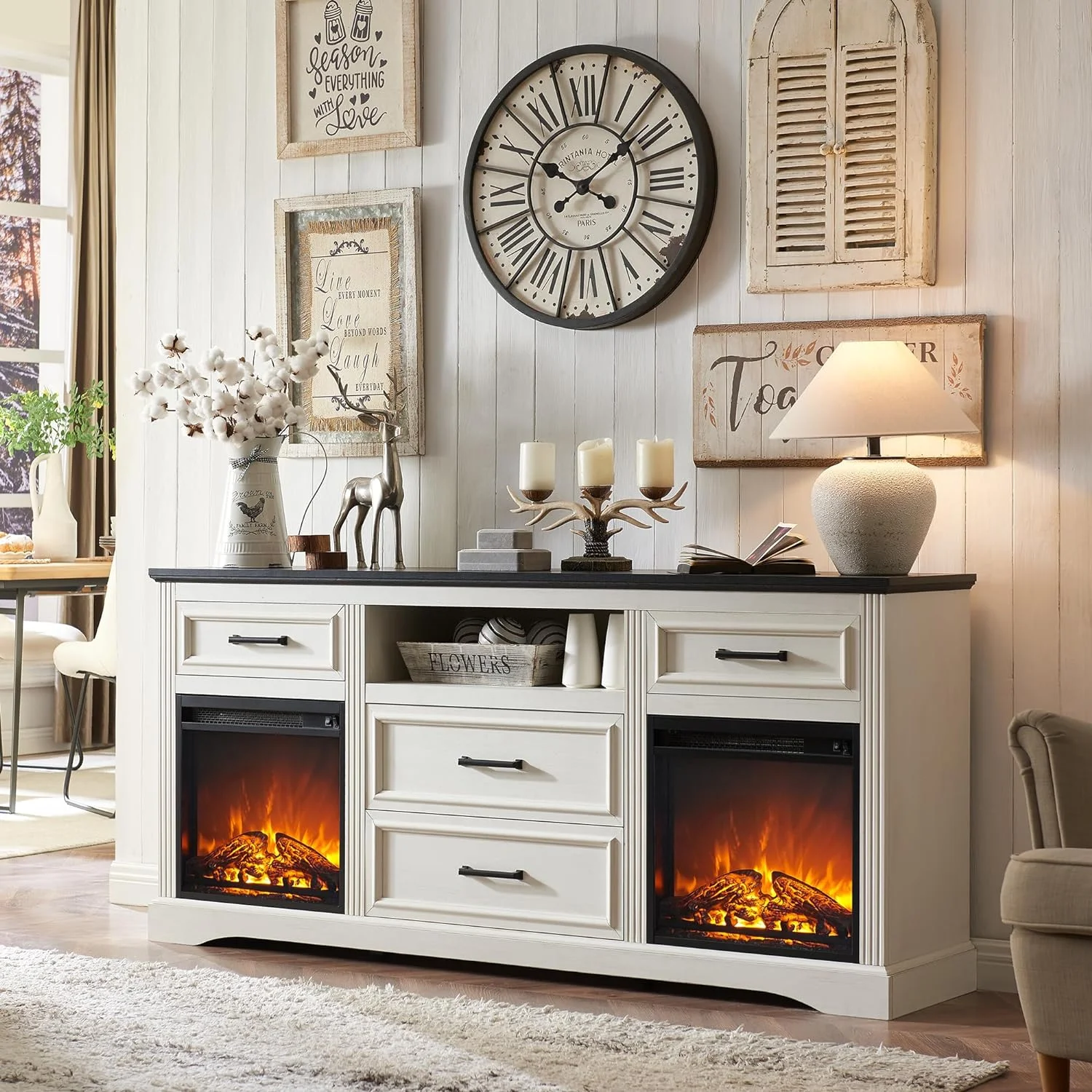 T4TREAM 70″ Fireplace TV Stand for TVs Up to 80″,  Farmhouse TV Console Entertainment Center with 4 Large Drawers for Living Room, Bedroom, White
