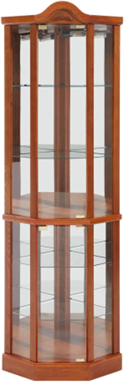 Curio Glass Corner Cabinet with Lights,Wooden Glass Cabinet with Adjustable Shelves,Classic Storage Cabinet,Carved Decoration Display Cabinet for Exhibition, OAK