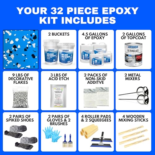Garage Epoxy Floor Kit – 100% Solids - 2 Part Industrial-Grade Coating w/UltraGlaze Topcoat | DIY Slip & Hot Tire Resistant | 300 Sq Ft - Blue - 17 pc kit