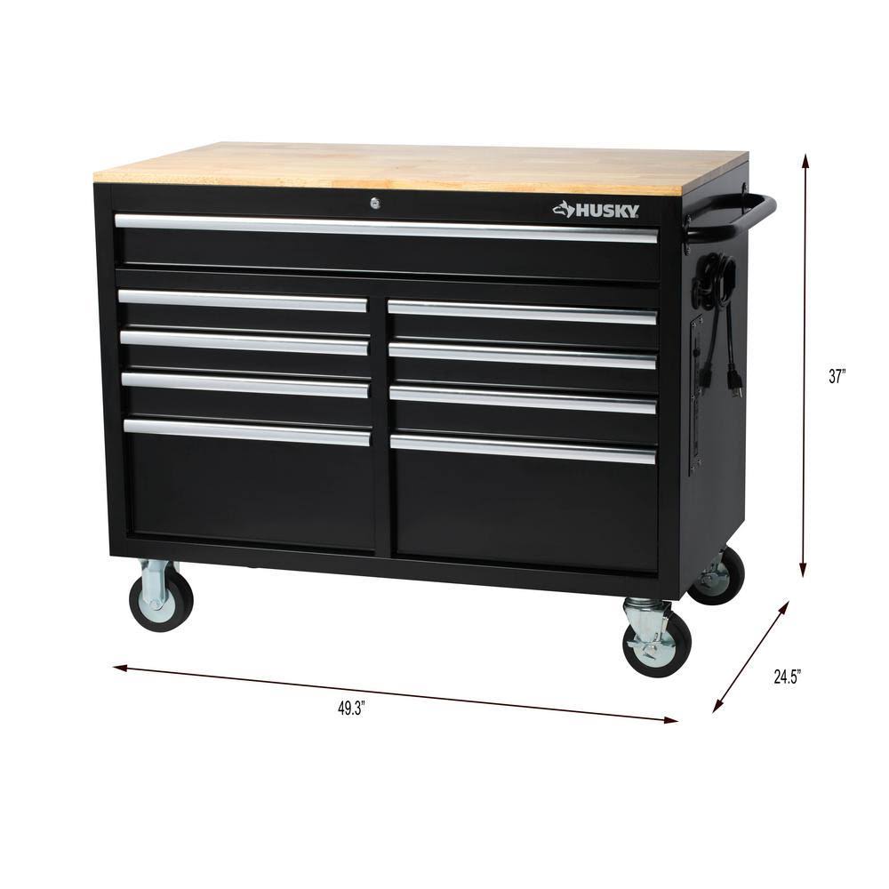 Husky 46 in. W x 24.5 in. D 9-Drawer Gloss Black Deep Tool Chest Mobile Workbench with Hardwood Top