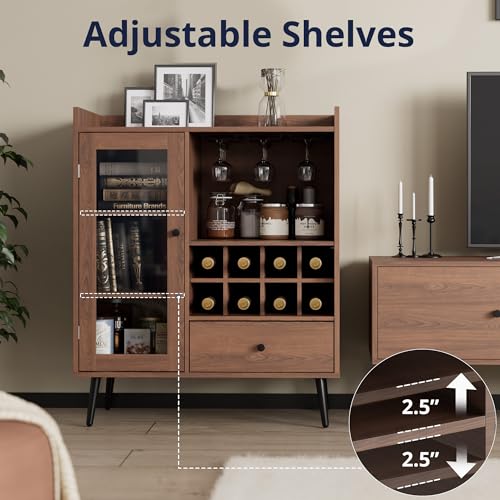 Cozy Castle Coffee Bar Cabinet with Storage, Mid-Century Modern Buffet Sideboard with Acrylic Door, Small Wood Storage Cabinet with Adjustable Shelves, Cupboard for Kitchen, Dining Room, Brown