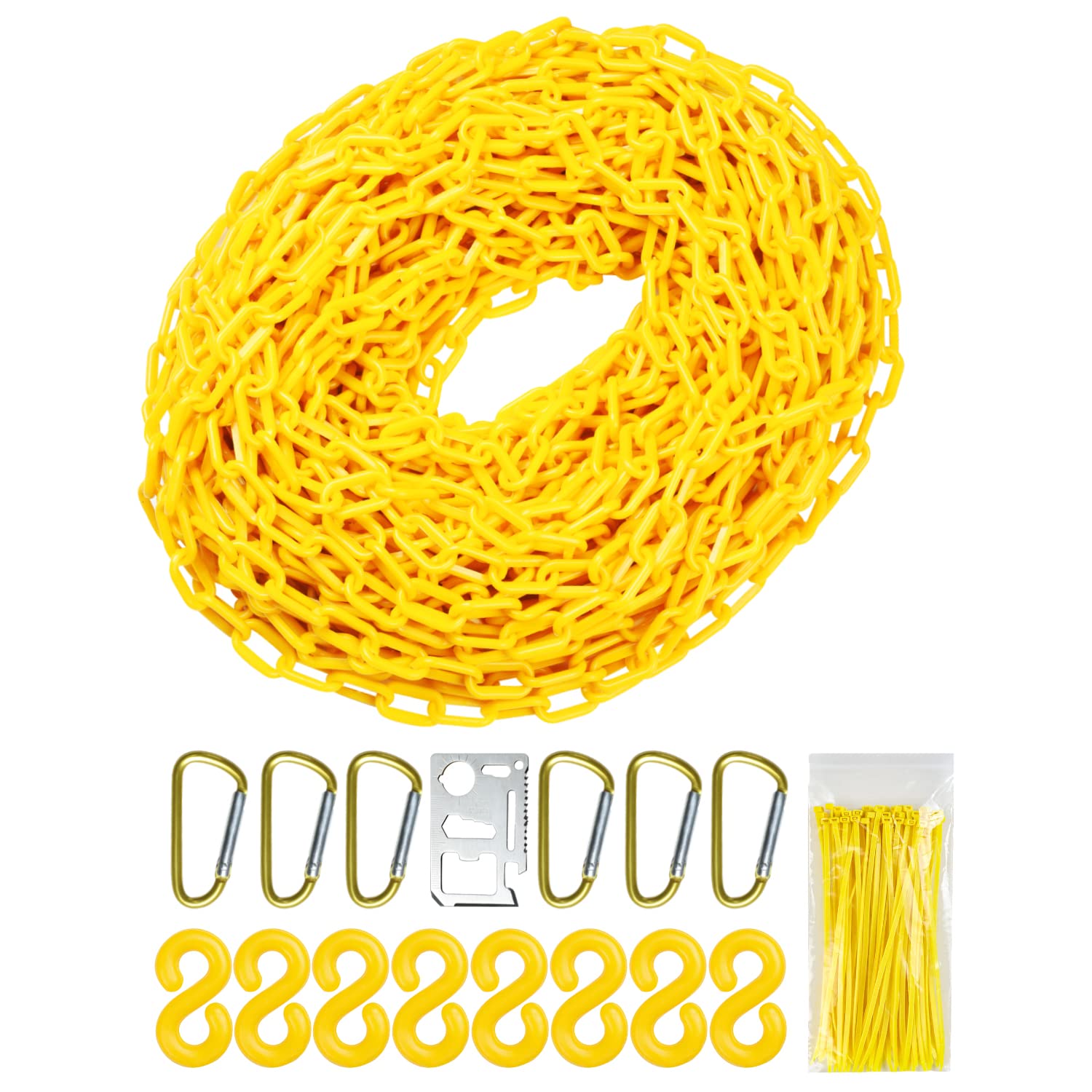 65 Feet Yellow Plastic Chain - Plastic Safety Barrier Chain for Crowd Control, Parking Barrier and Delineator Post with Base - Safety Security Chain with 6 Carabiner D Rings, 8 S-Hooks, and Zip Ties