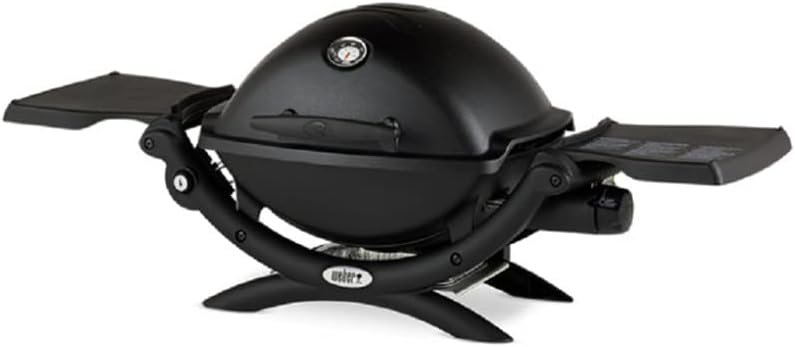 Weber Q1200 Liquid Propane Grill (Black) Bundle with Portable Cart, Adapter Hose, and Grill Cover (4 Items)