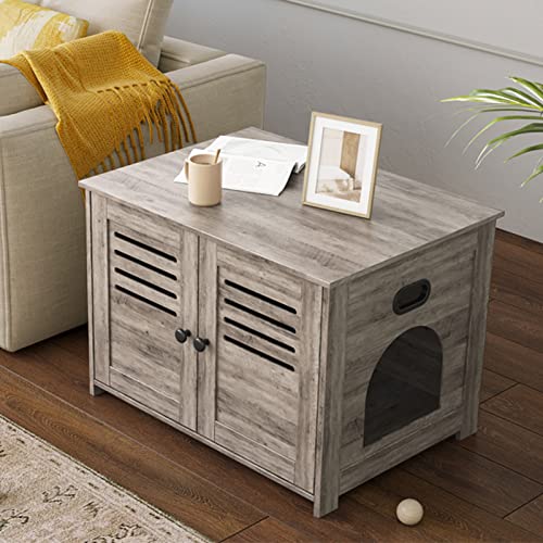 DINZI LVJ Litter Box Enclosure for 2 Cats, Hidden Litter Box Furniture with Double Rooms, Dual Cat Litter House with Louvered Front Doors, 47.2" Hidden Cat Washroom, Wooden Cat Cabinet, Espresso