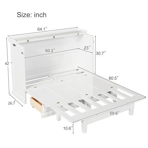 P PURLOVE Queen Size Murphy Bed Cabinet,Chest Cube Cabinet Bed with Charging Station and Large Storage Drawer,Space Saving Wall Bed for Living Room,White