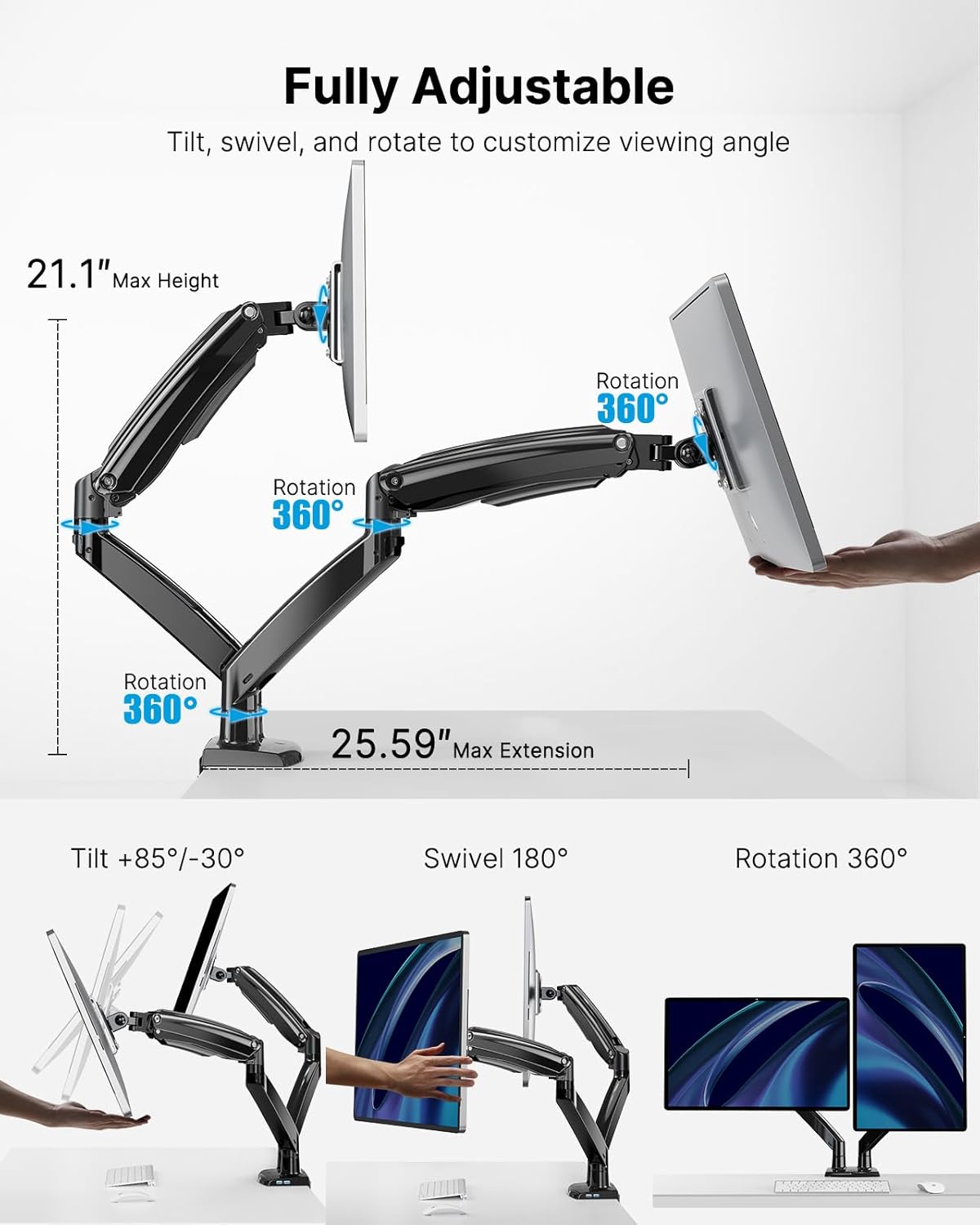 HUANUO Dual Monitor Stand for 13 to 35 inch, Premium Dual Monitor Mount with USB, Height Adjustable Monitor Stand for 2 Monitors, VESA Mount with Clamp/Grommet Base, Each Arm Hold up to 26.4lbs, Black