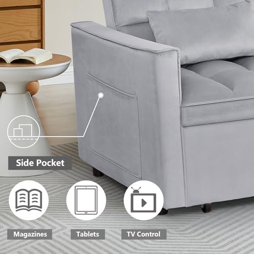3 in 1 Convertible Sleeper Sofa Bed,Futon Loveseat Couch with Pull-Out Bed & Adjustable Backrest,Velvet Fabric Sofa with Side Pocket for Small Apartment, Living Room, Office (Black)