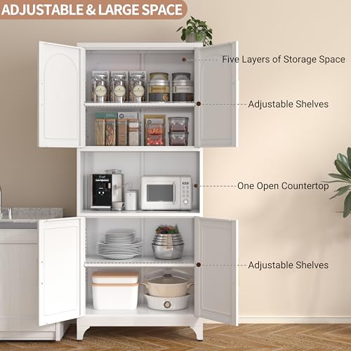 Kitchen Pantry Cabinet with Acrylic Glass Doors, 75" Metal Kitchen Hutch with Countertop, Adjustable Shelves, Freestanding Food Pantry Cabinet for Living, Dining Room, Black, Assembly Required